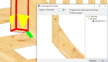 Sägeschnitt: Mit einem Klick wird der Pfosten entsprechend der angeklickten grünen Fläche geschnitten.